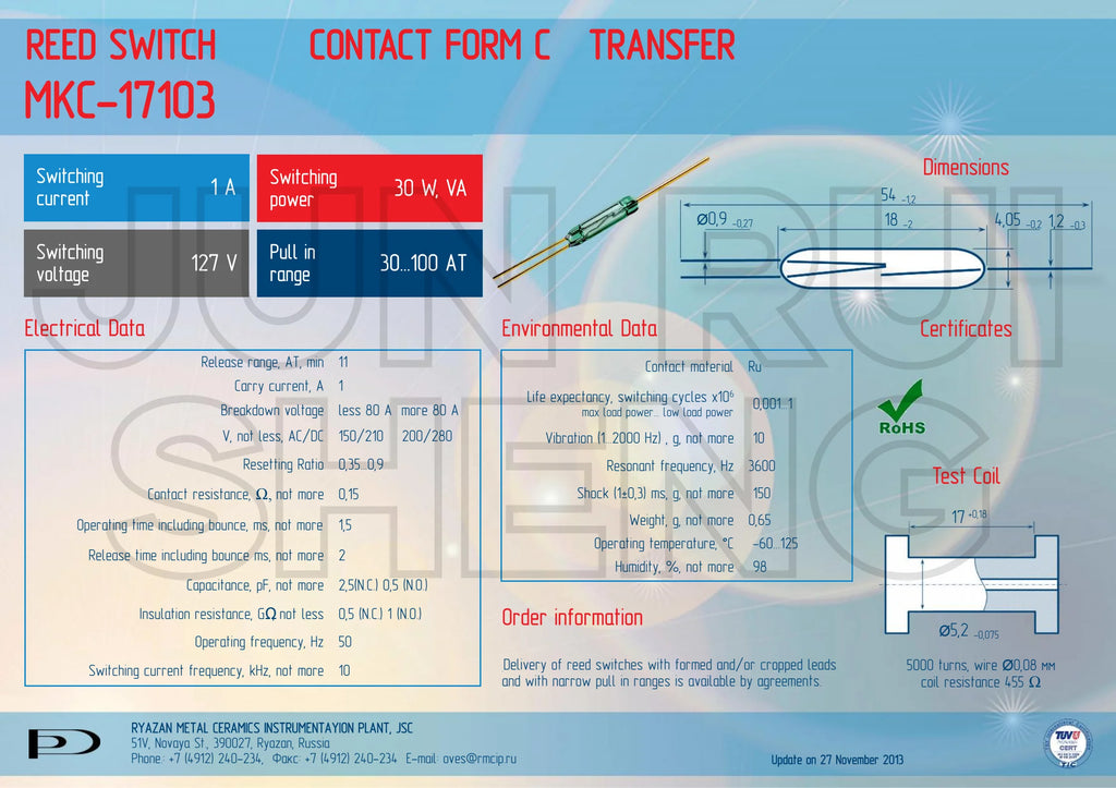 1/10PCS MKC-17103 High Power Reed Switch MKC17103 4*18MM 1A 30W 127V Normally Open/Closed NO NC SPDT Changeover Magnetic Sensor