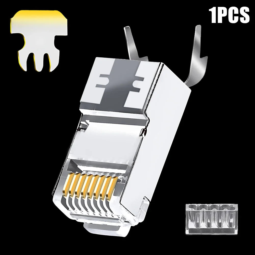 Cat7 Cat6 Shielded Pass Through RJ45 Connectors Cat 5 Gold Plated Modular Plugs for Solid or Stranded FTP/STP Ethernet Cable