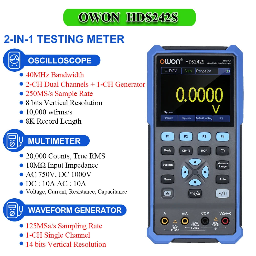 OWON HDS2202S 2102S Digital Oscilloscope 2Channels 200Mhz 1GSa/s Portable 3in1 USB Osiclloscopes + Multimeter+Waveform Generator