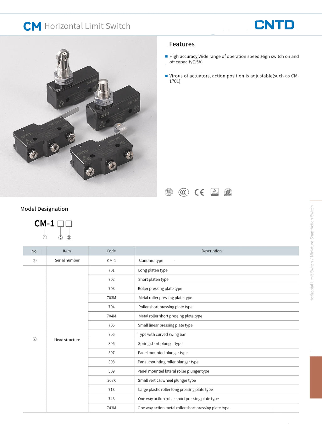 CNTD CM-1702 CM-1702K CM-1702N Micro Switch Limit Switch Travel Switch Self-Resetting Short lever Snap Action Electrical Control