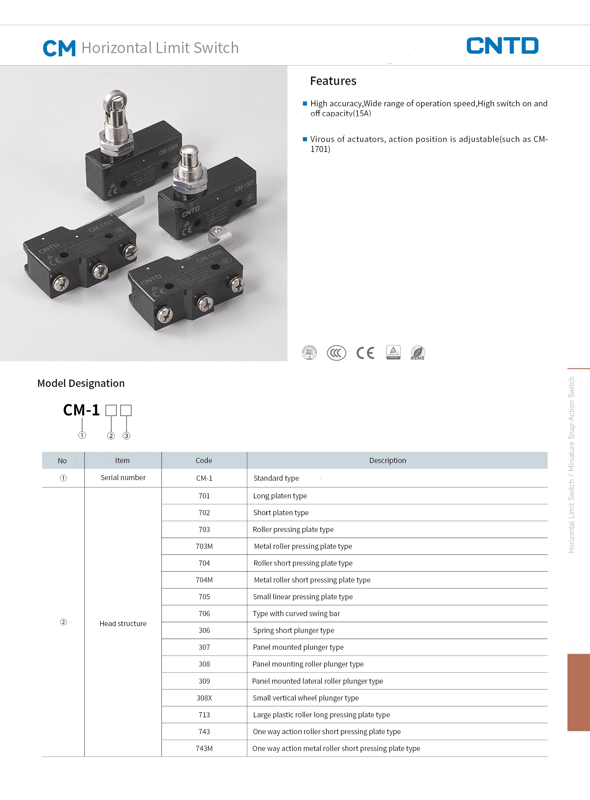 CNTD CM-1702 CM-1702K CM-1702N Micro Switch Limit Switch Travel Switch Self-Resetting Short lever Snap Action Electrical Control