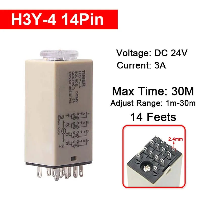 1 Pc H3Y-4 Small Time Delay Relay DC12 24V 14Pin Electricity Delay Type Power-on Delay Rotary Knob 1S/5S/10S/30S/60S/5M/10M/30M