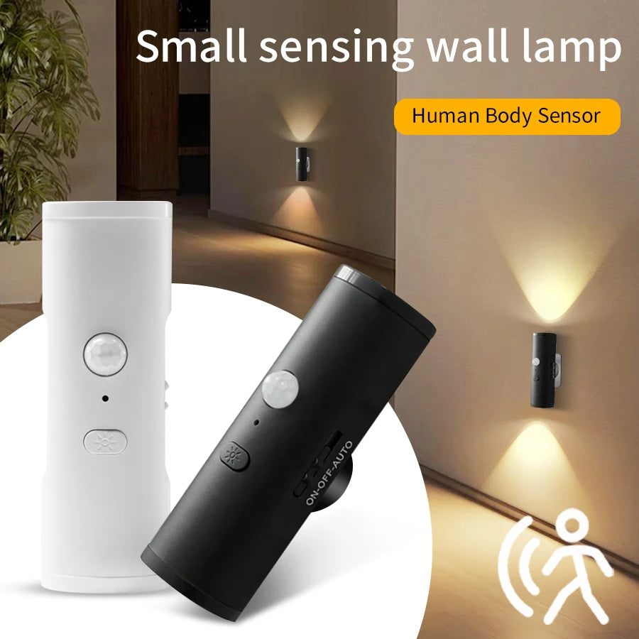 Rechargeable Motion Sensor LED Night Light Double Head Magnetic 3 Color Wall Lamp USB Charging for Closet Stairs Hallway Kitchen