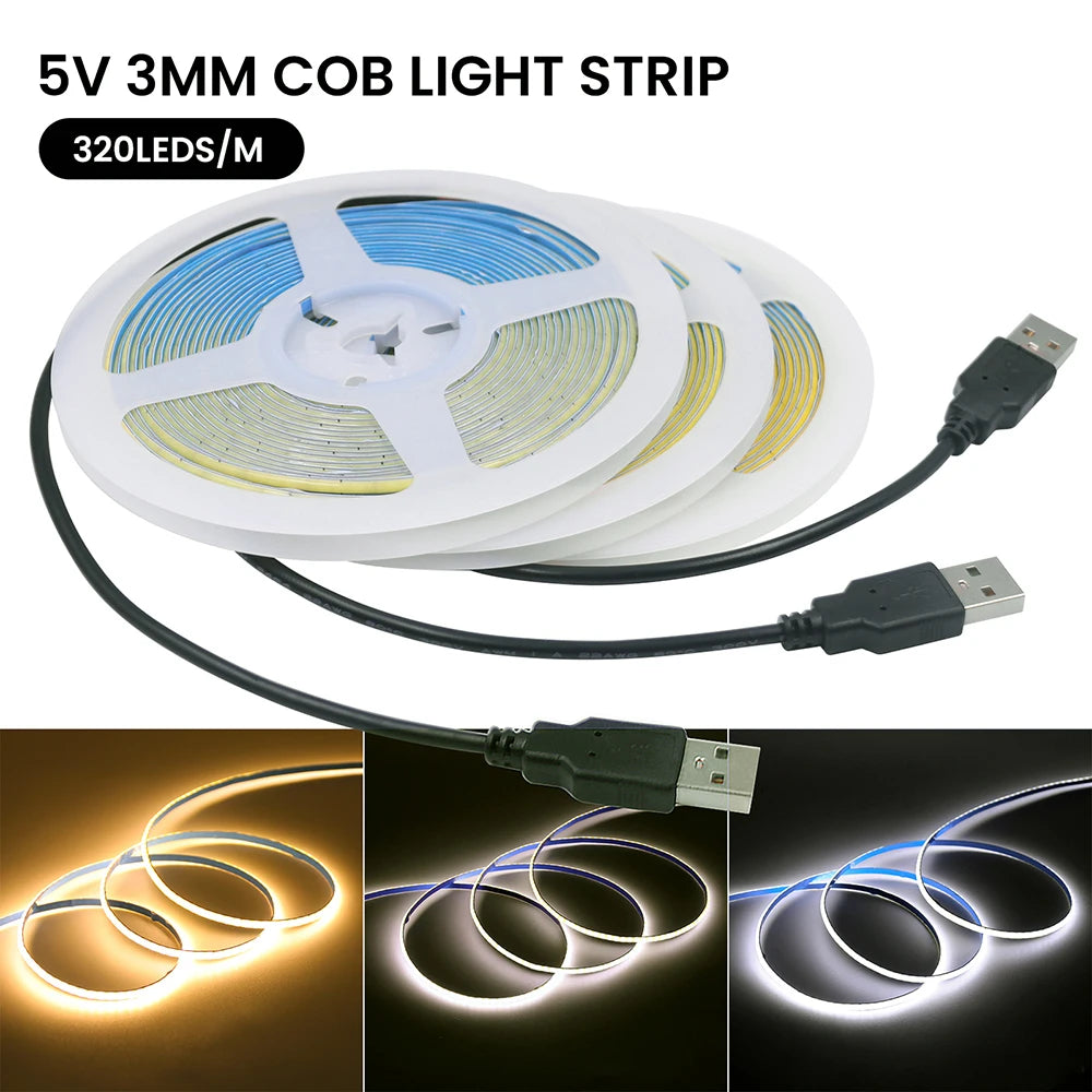 5V USB 3MM 5MM PCB COB LED Strip Light White/Red/Green/Pink/Ice Blue/Yellow TV Backlights DC5V 320Led Flex Night Lamp Home Decor