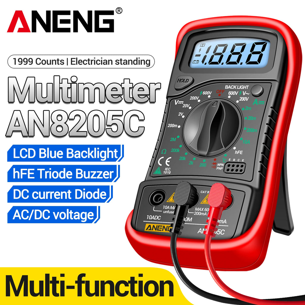 Digital Multimeter 1999 Counts 600V AC/DC Voltage Temp Test for Car Repair ANENG AN8205C Blue Backlight hFE Triode DIY Test Tool