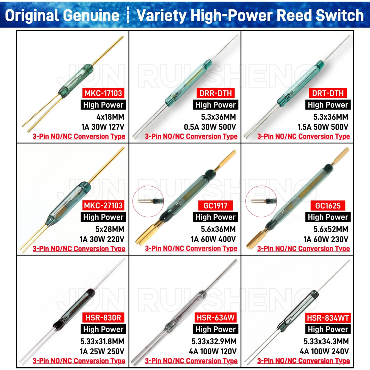 High Power SPDT Reed Switch 3 Pin 120V 127V 220V 230V 250V 400V 500V Voltage Normally Open/Closed NO/NC Magnetic Contact Sensor