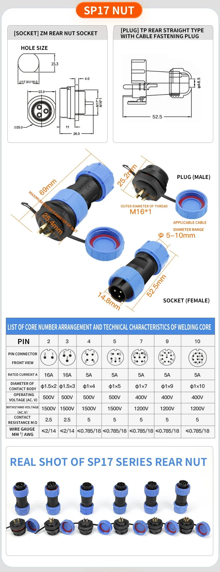 SP13 Waterproof Aviation Connector IP68 Panel Mount Cable Plug Socket 2 3 4 5 6 7 9 Pin Circular Connector Back Nut Set