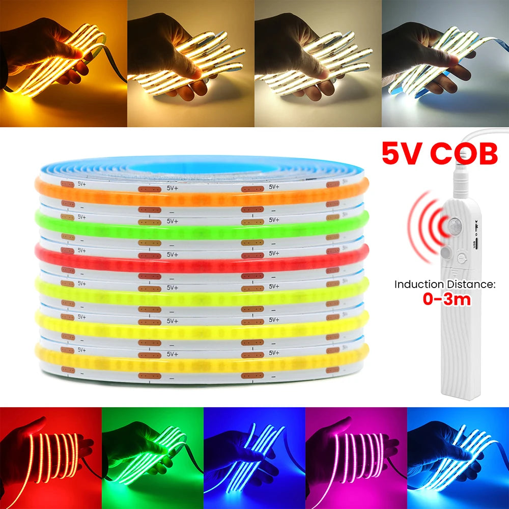 5V Motion Sensor Nigth Light COB Led Strip USB Battery Power 3mm 5mm 8mm PCB 320 LEDs Flex Lamp for Under Cabinet Kitchen Stairs