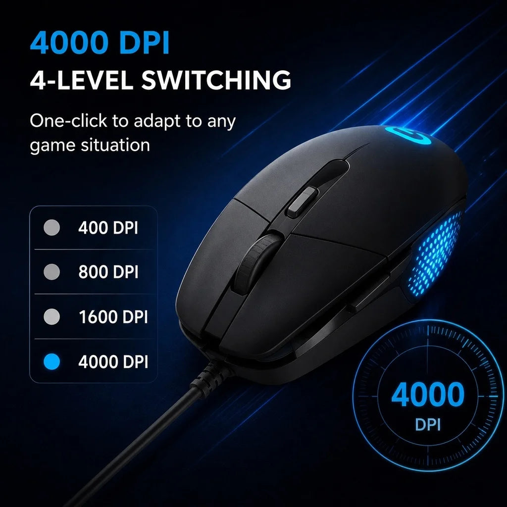 Logitech G302 Wired Ambidextrous Gaming Mouse 4000DPI On‑The‑Fly DPI Switch RGB Backlit 6 Assignable Buttons For Laptop Desktop