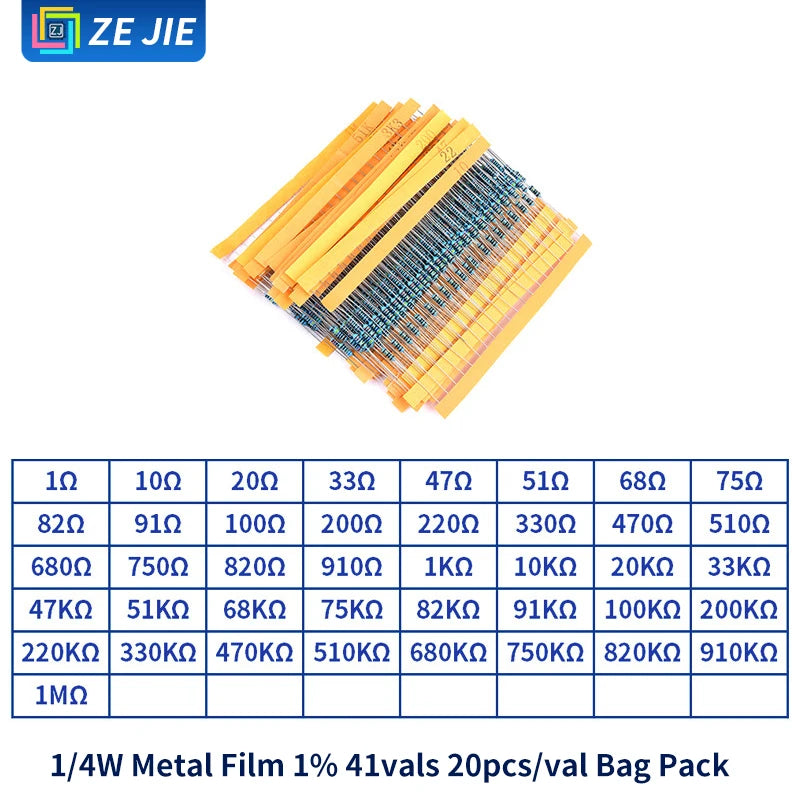 1/4W Metal Film Resistor Assortment Kit, 1/2W 1W 2W 3W 5W Through Hole Electronic Components Pack, 30/41/130 Kinds 1% Tolerance