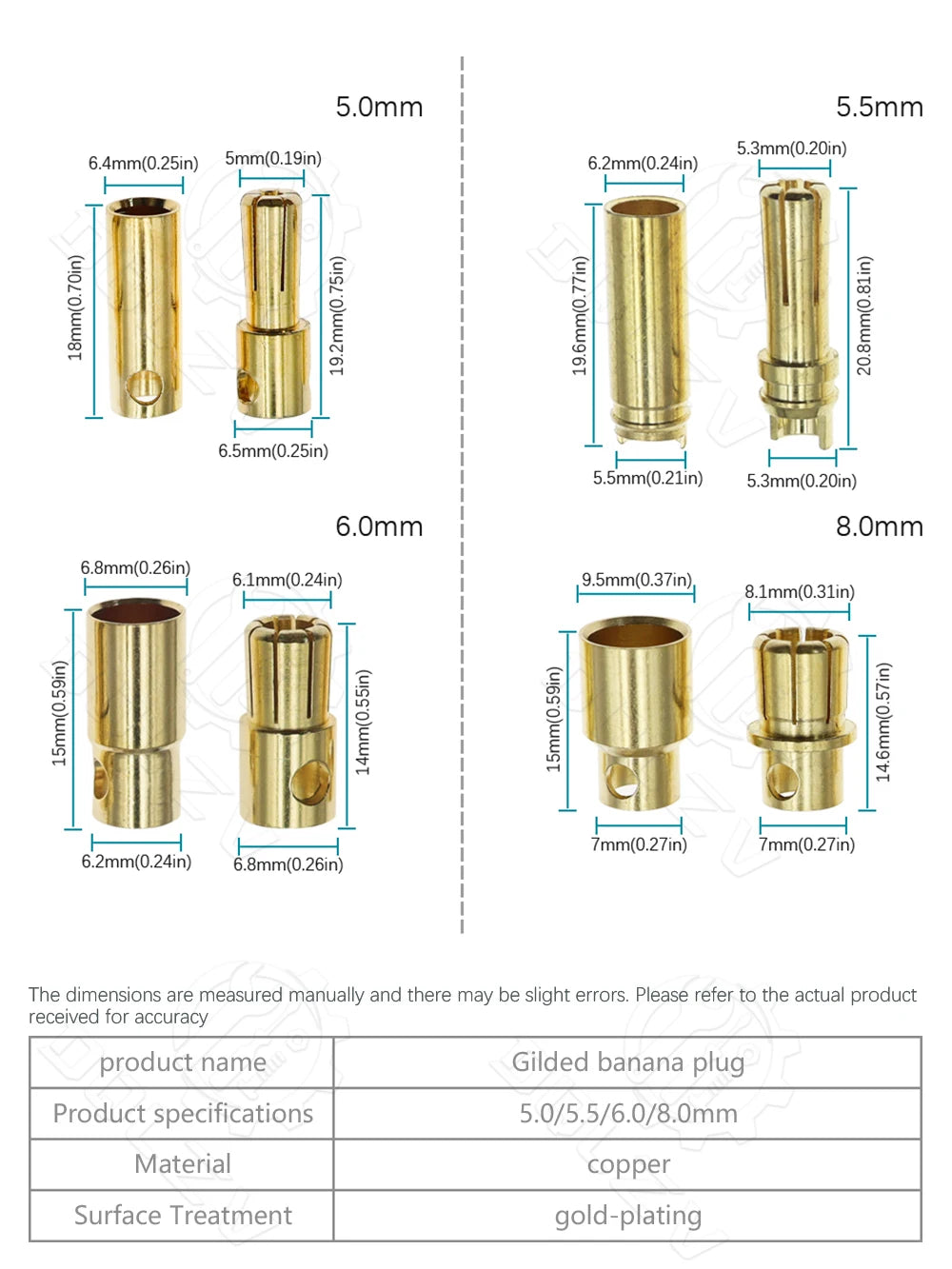 2.0mm 3.0mm 3.5mm 4.0mm 5.5mm 6.0mm 8.0MM Gold Bullet Banana Connector plug for ESC Lipo RC battery Plugs