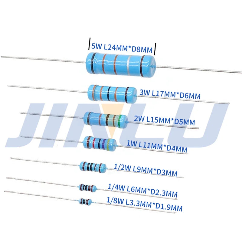 50pcs 1/2W Metal Film Resistor 2.4R 2K4 2K7 2.7R 3R 3K 24R 24K 27R 27K 30R 240R 270R 300Ohm 1% 0.5W Five-color Ring Resistance