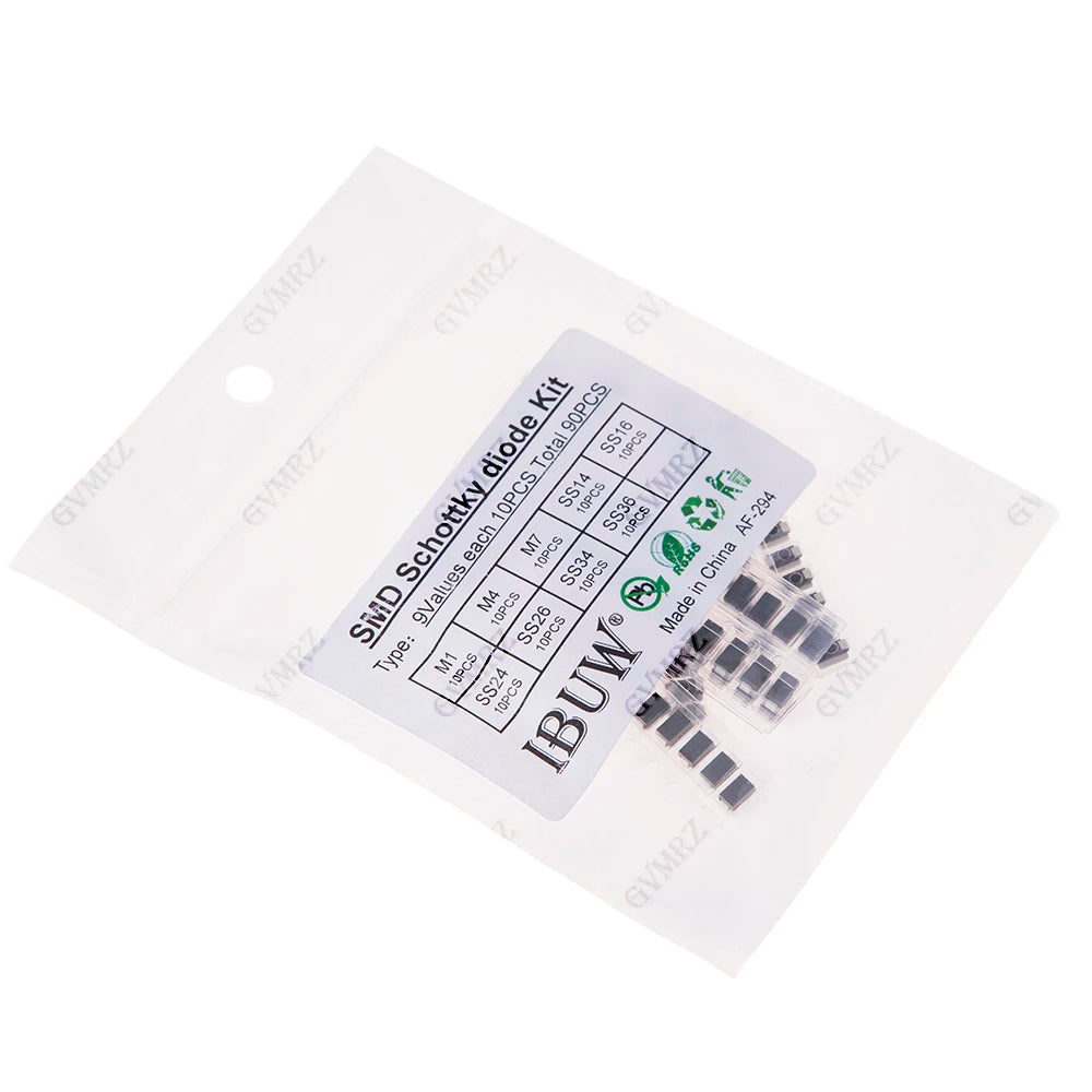 90PCS 9Values SMD Schottky Diode Kit M1 M4 M7 SS14 SS16 SS24 SS26 SS34 SS36 for Electronic Rectification Projects M1