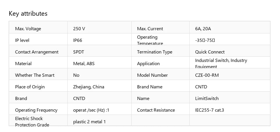 Limit Switch, CNTD CZE‑00‑RM plastic housing 1NO1NC contact, 10A 250VAC mechanical reset, industrial position sensor for machine