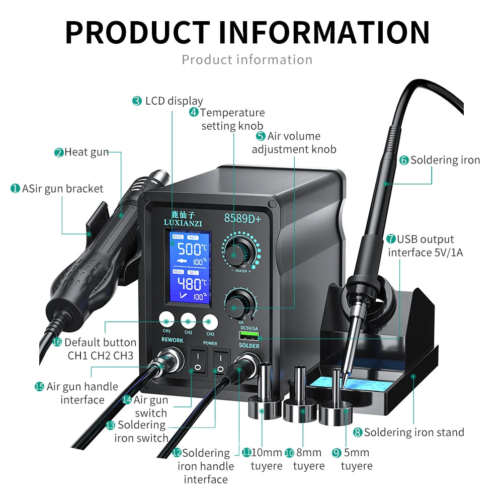LUXIANZI 8589D+ 2 IN 1 Hot Air Gun Soldering Station With LED Digital Display For BGA PCB IC Repair Tool SMD Rework Station