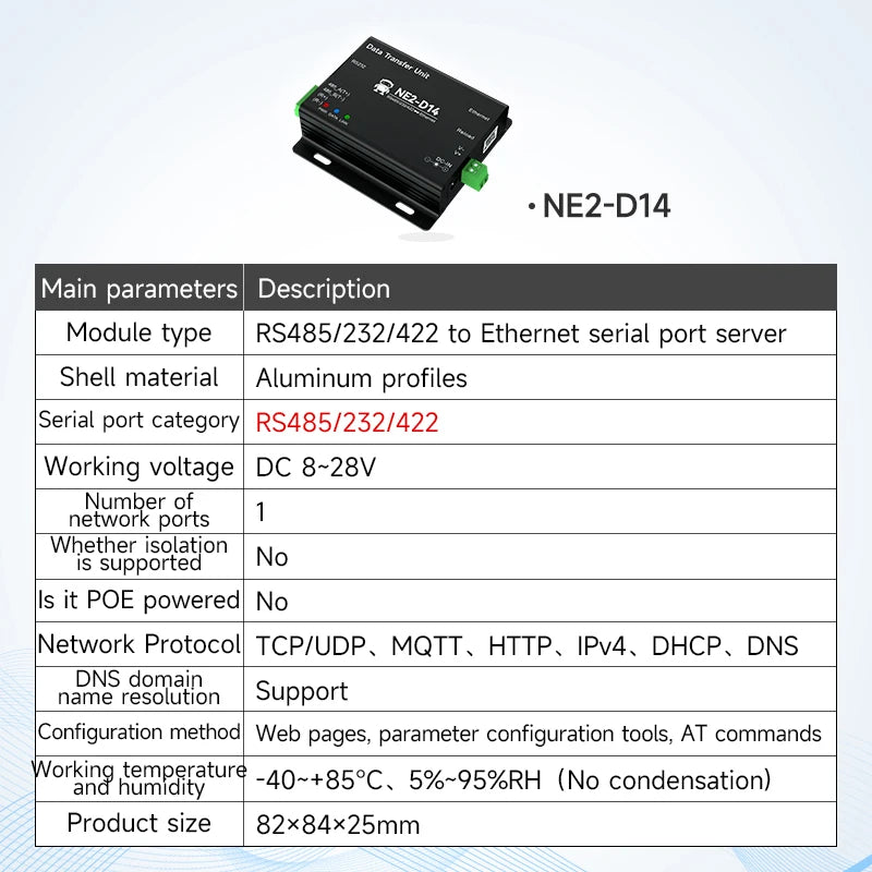 RS485 RS232 RS422 To Ethernet Serial Port Server DIN Rail Instal CDSENET NE2-D11 DC 8-28V  Modbus MQTT HTTP DNS  FOTA Remote Up