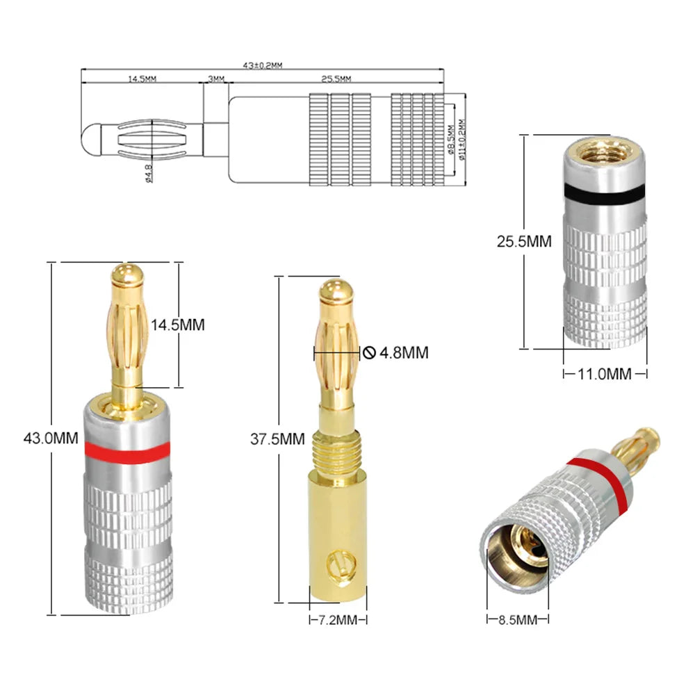 Musical Sound 24K Gold Plated Speaker Plugs Audio Banana Connector for Speaker Wire Open Screw Type Hifi Banana Plugs
