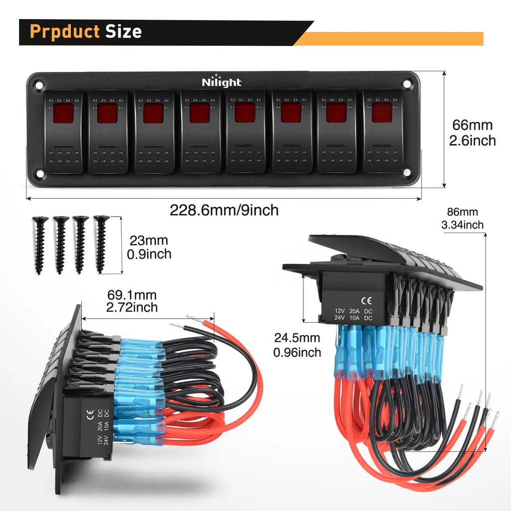 Nilight 8 Gang Rocker Switch Panel 5Pin On Off Toggle Aluminum Holder 12V 24V Dash Pre-Wired Red Backlit Switches for Automotive Cars Marine Boats RVs Truck