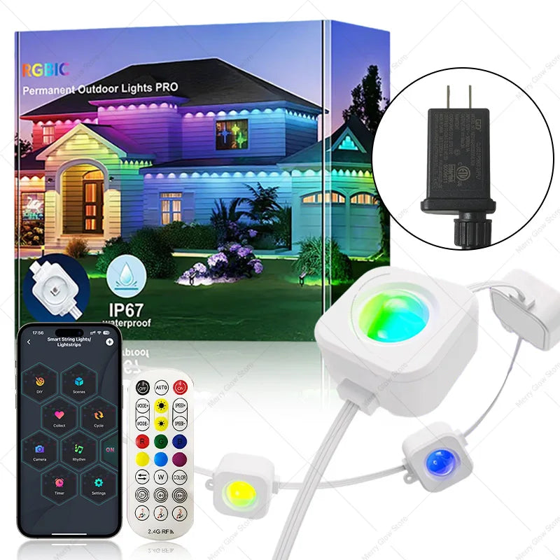 180 LEDs Permanent Outdoor Eaves String Lights, Smart App-Controlled RGB IC Colors, IP67 Waterproof, Suitable for Christmas, Gardens, Courtyards, Parties, and Christmas Decorations—Eaves String Lights