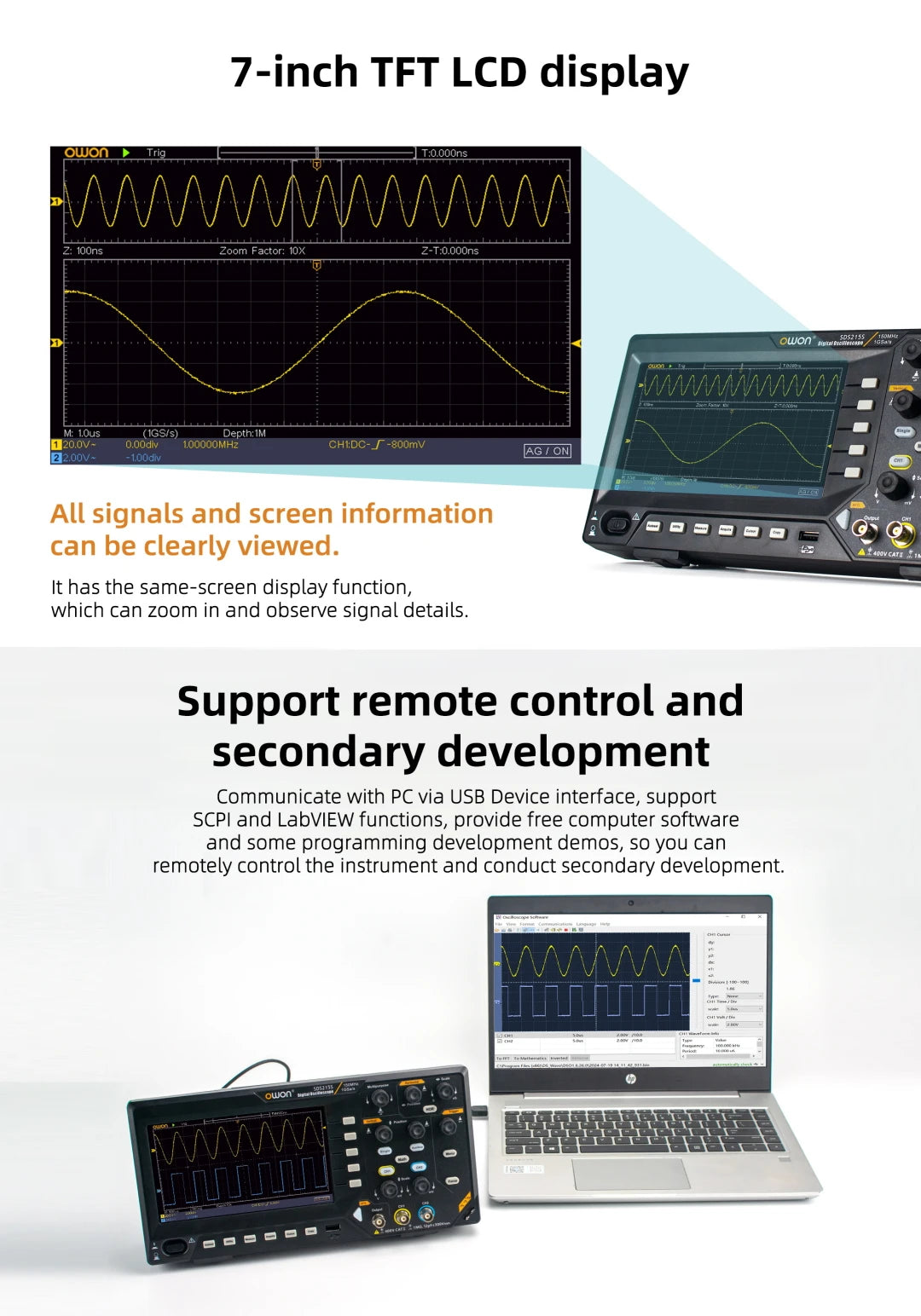 Owon SDS210S 2CH 100-200MHz 1GS/s 14Bit 25MHz FFT Scope Digital Oscilloscope  with Signal Generator Function