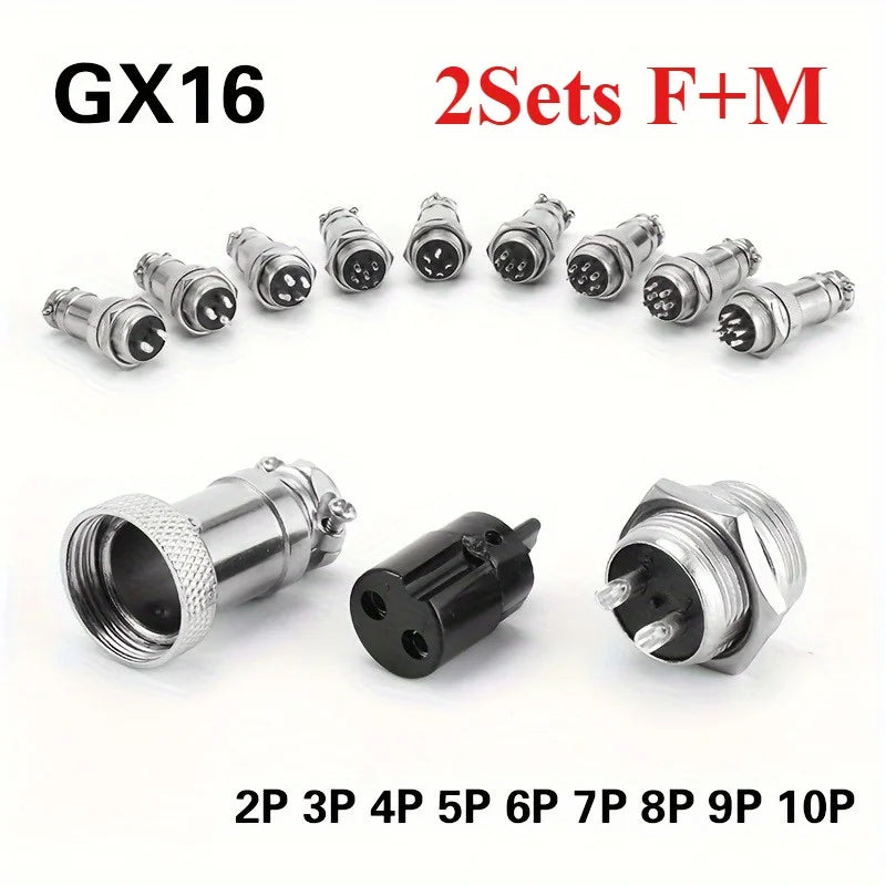 2 Sets  Male + Female GX16 Aviation Connector Plugs,2P/3P/4P/5P/6P/7P/8P/9P/10P Configurations Ideal