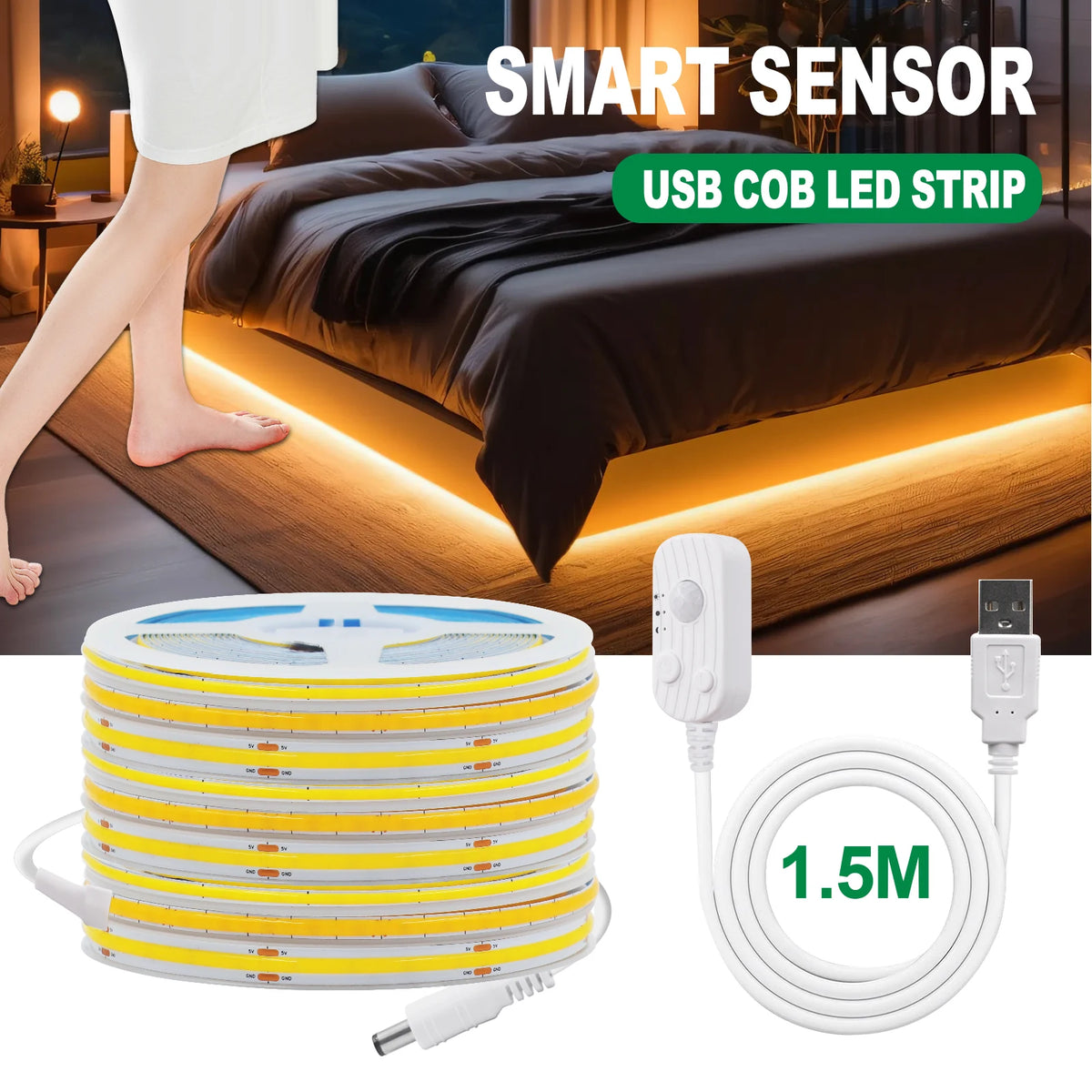 3MM 5MM 8MM COB LED Light Strip 5V 320LEDs PIR Motion Sensor Flexible Night Light USB/AAA Battery Powered Tape 3000K 4000K 6000K