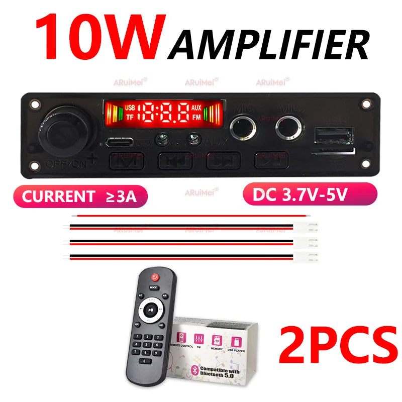 10W Bluetooth Amplifier Board MP3 Decoder Module Dual Channel DC 3.7-5V USB/TF/FM Car Audio Player with Recording Handsfree CalL