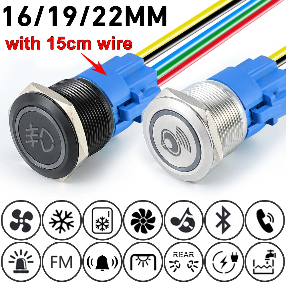 Customization Metal Push Button Switch with Wire 16/19/22mm DIY Refitting ON OFF for Car Boat Waterproof LED Light 12V 24V