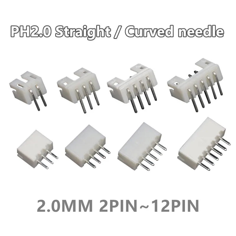 100pcs /LOT JST PH2.0 Straight/Curved Needle Connector 2Pin~16Pin Male Pin Header Right Angle 90°/180° 2.0mm Pitch