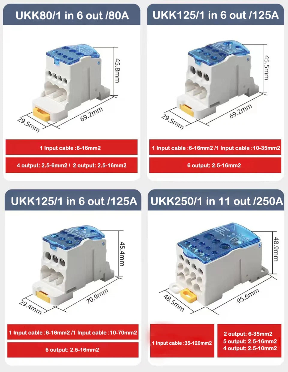 Terminal Block UKK80A UKK125A UKK160A Electric Wire Connector 1 in many Out Din Rail distribution Wiring Accessories Blue Yellow