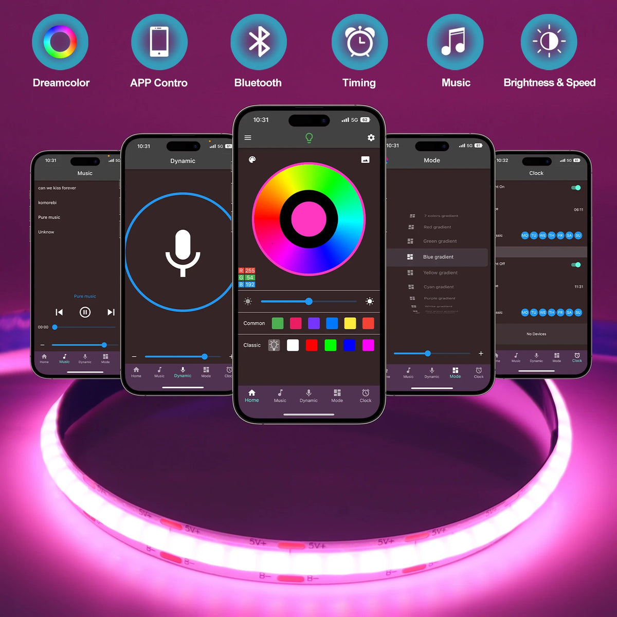 5V RGB COB LED Strip 576LEDs/m Bluetooh App IR Remote Control USB RGB LED Strip Flexible Tape for TV Backlight Room Decoration