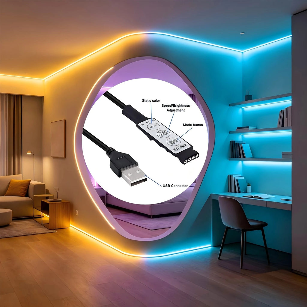 5V RGB light strip with 3-button control, USB powered, suitable for game rooms, living rooms, bedrooms, and holiday decorations.