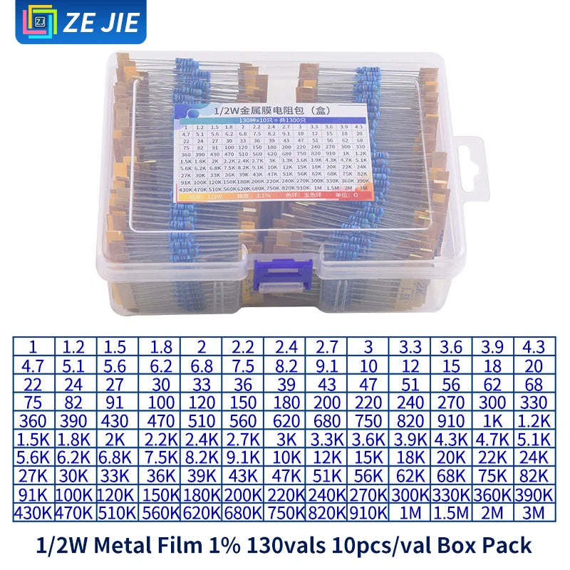 1/4W Metal Film Resistor Assortment Kit, 1/2W 1W 2W 3W 5W Through Hole Electronic Components Pack, 30/41/130 Kinds 1% Tolerance