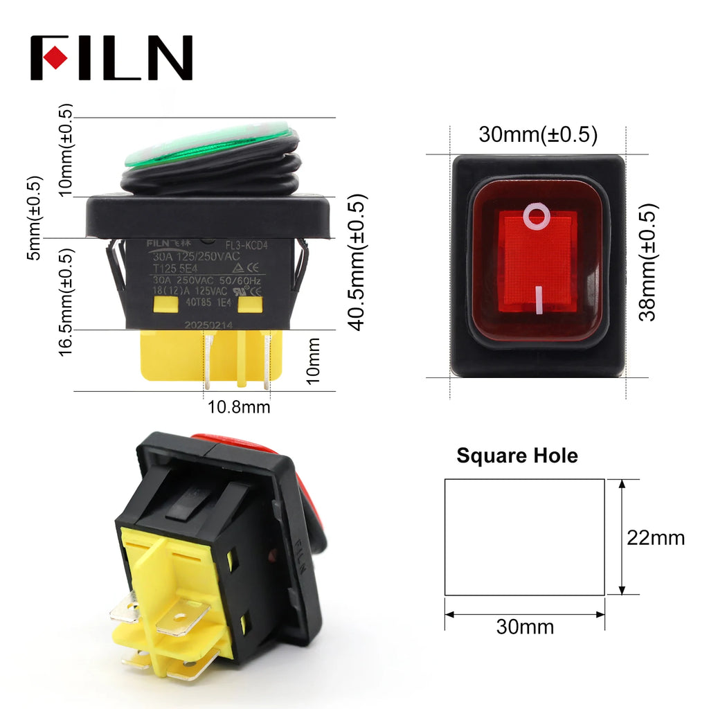 FILN 30A Heavy Duty Waterproof Rocker Switch 4 Pins IP67 12V 24V 110V 220V Ideal for Boat Marine Car Accessories Toggle Switches