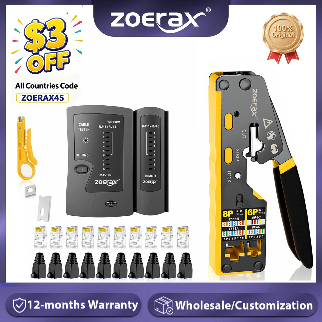 ZoeRax Pass Through RJ45 Crimp Kit Cat5e/Cat6 Crimper with 10PCS 8P8C Cat5e/Cat6 Connectors POE LAN Tester for RJ45 RJ11 Wiring