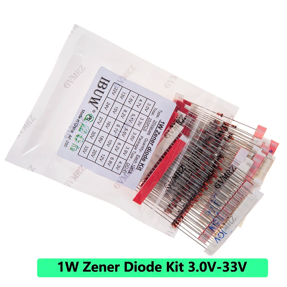 250PCS 25Values 1W Zener Diode Kit 3.0V-33V DO-41 for Voltage Regulation Electronic Projects 3.3V 3.6V 3.9V 27V 30V 33V