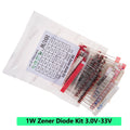 250PCS 25Values 1W Zener Diode Kit 3.0V-33V DO-41 for Voltage Regulation Electronic Projects 3.3V 3.6V 3.9V 27V 30V 33V