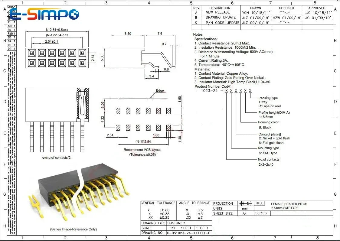 10pcs 2.54mm Double Row Right Angle RA SMT Horizontal SMD/SMT 2X3/4/5/6/7/8/10/20/40P PCB Surface Mount PH8.5 Male Female Header
