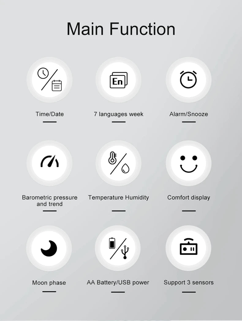 Wireless Table Weather Station Color LCD Digital Temperature Humidity Monitor Moon Phase Barometer Forecast Sensor Alarm Clock