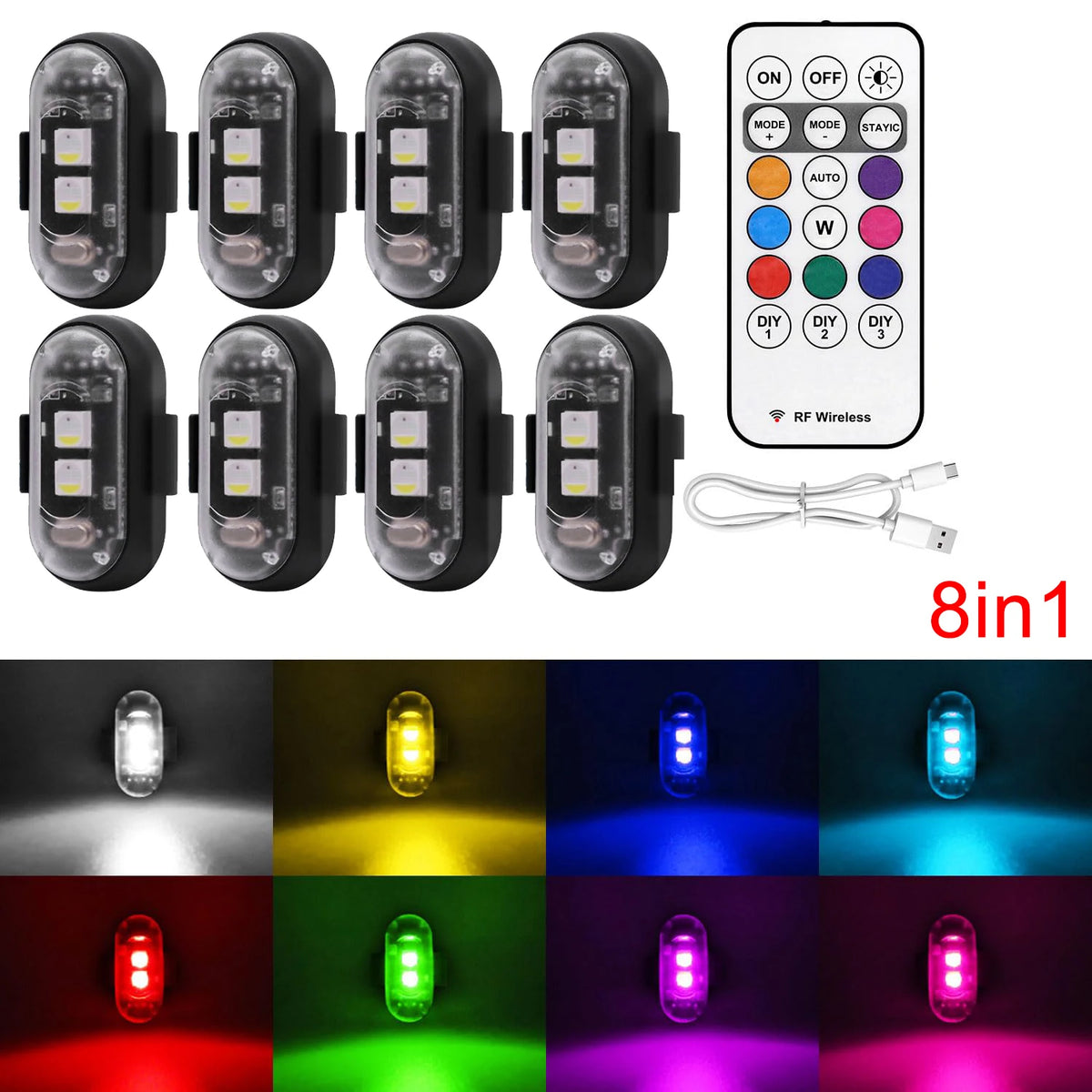 2/4/6/8 pcs LED Aircraft Strobe Lights Remote Control 8 Colors Anti-Collision LED Lights for Car Motorcycle Drone Aircraft Bike