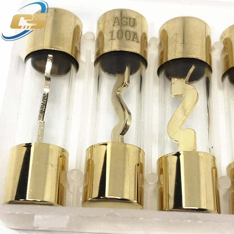 5PCS 10*38MM Gold Plated Glass AGU Fuse Fuses Pack Car Audio Amp Amplifier 10A 15A 20A 25A 30A 40A 50A 60A 70A 80A 100A Car Fuse