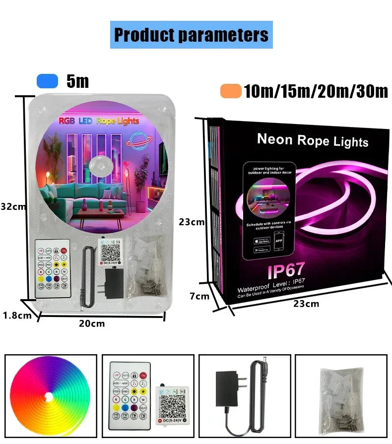 24V RGB Neon Rope Lights Waterproof Flexible Neon LED Strip Lights Bluetooth Music Sync with App/Remote Control 5m 10m 20m 30m