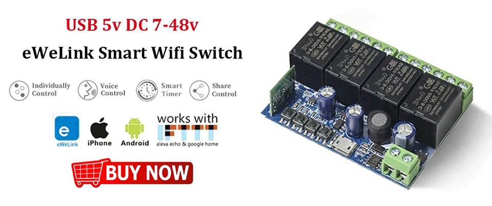 EWelink Smart WiFi Relay Smart Switch DC 5V 12V 24V 48V WirelessRemote Control 1 Way Alexa Googole Home Voice Control