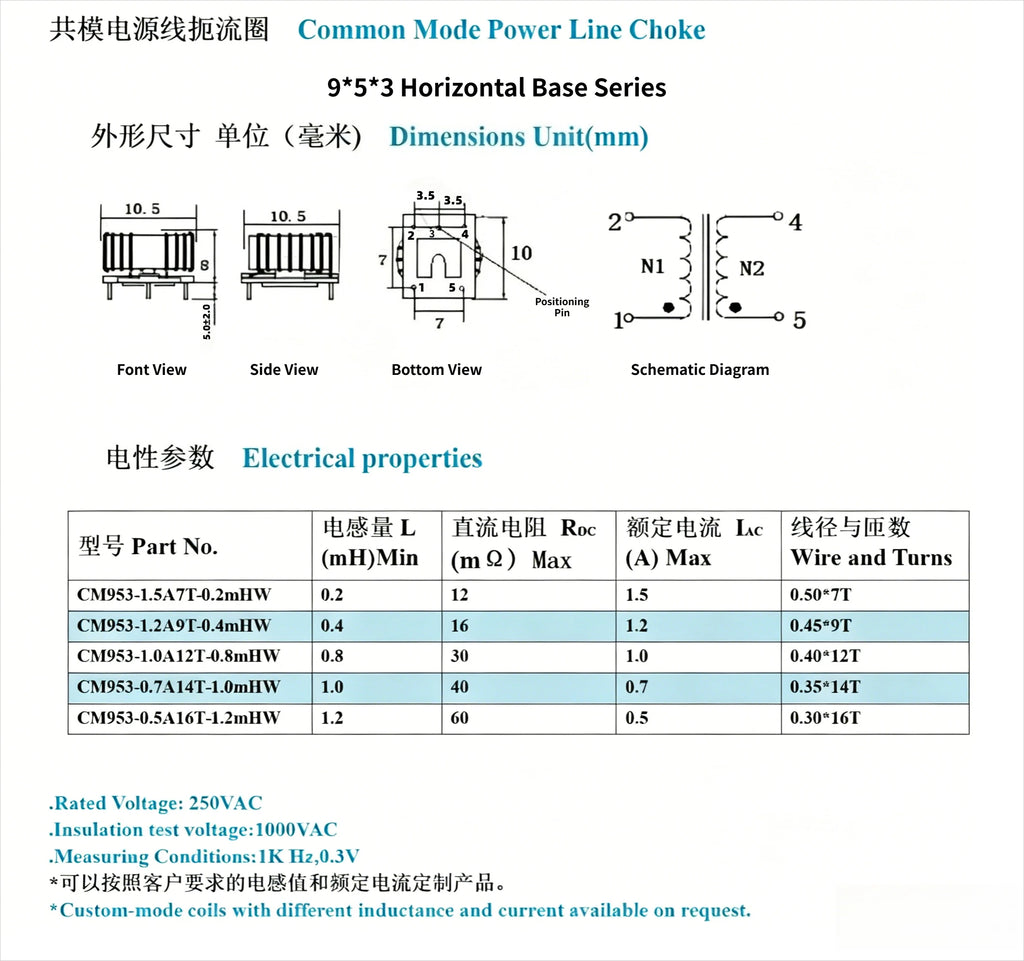 10PCS High Permeability Toroidal Common Mode Inductor Filter T9*5*3 Wound Coil 200uH 470uH 800uH 1mH 1.2mH 1A EMI Choke