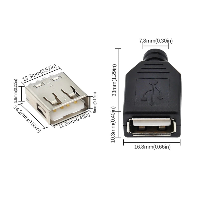 10pcs Type A Male Female USB 4 Pin Plug Socket Connector With Black Plastic Cover Type-A DIY Kits