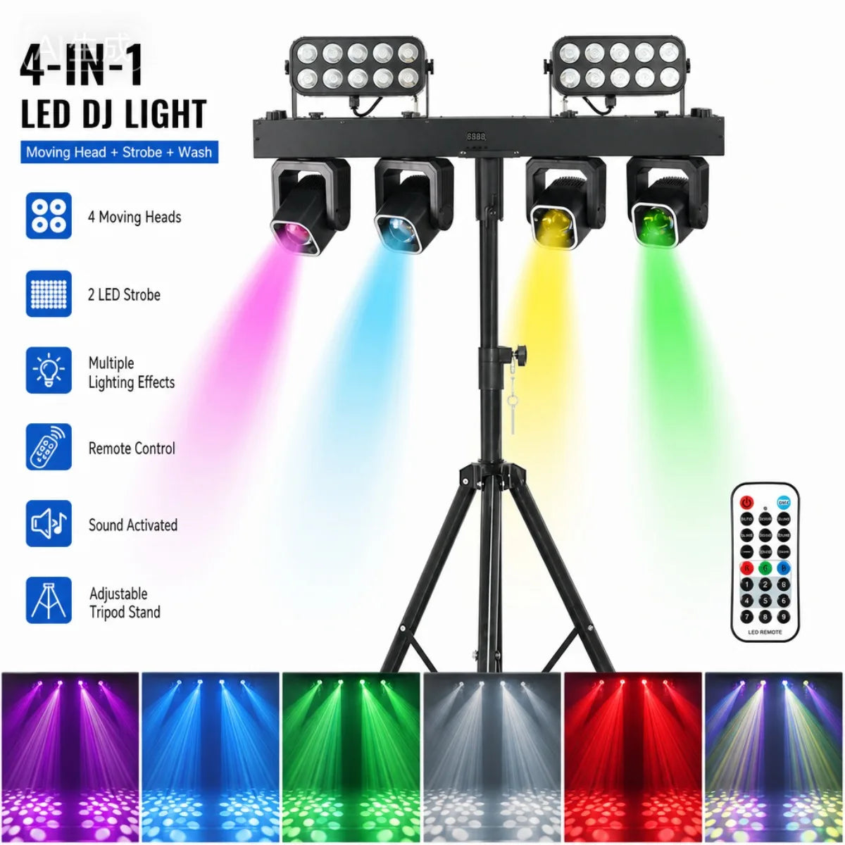 260W 4in1 RGBW LED Beam Wash Light Kit Set Tripod Stand Remote Control DMX512 For Disco DJ Wedding Party Club