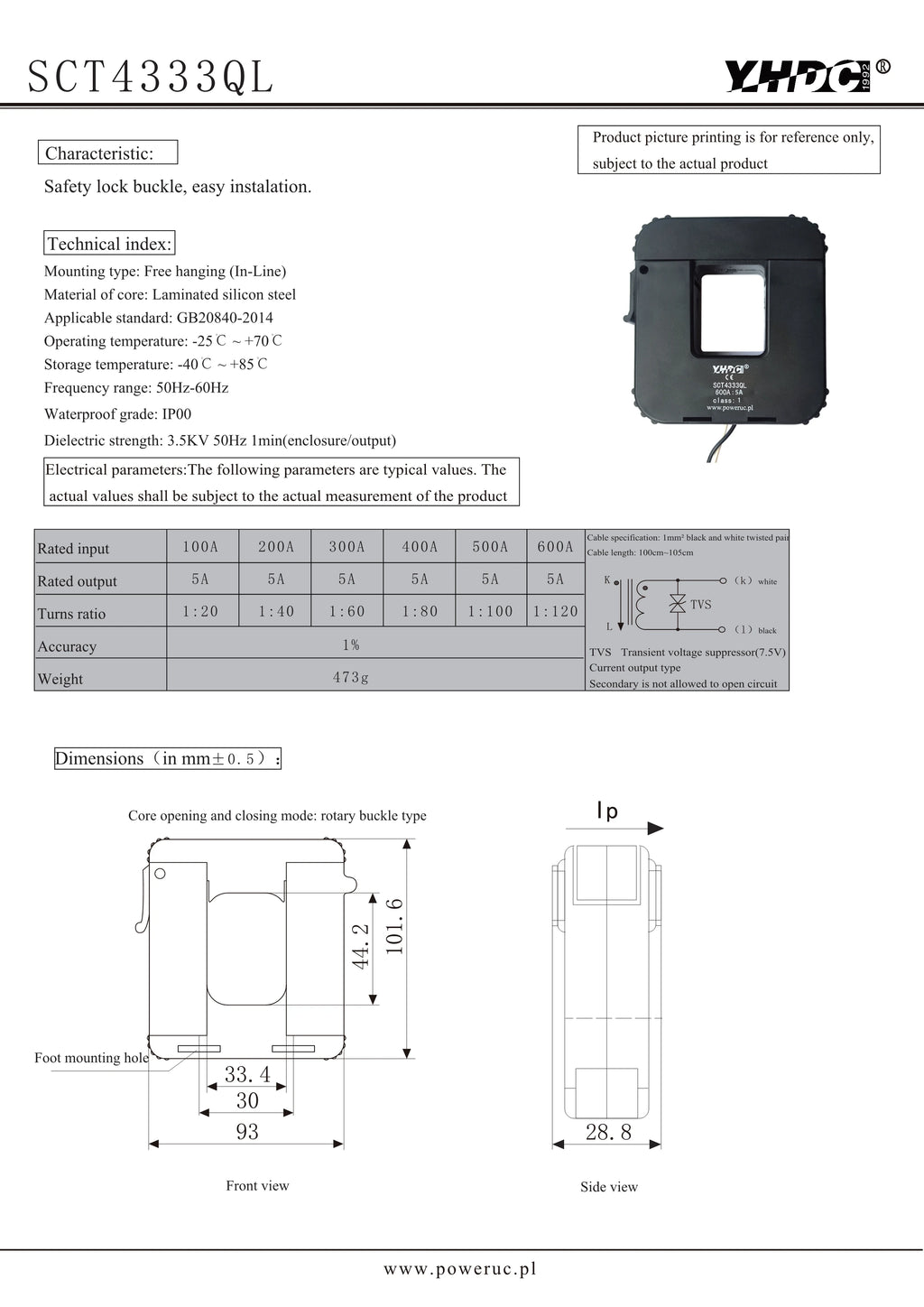QL Series SCT4333QL Input 100A 200A 300A 400A 500A 600A Output 1A/5A Accuracy 1% Split Core Current Transformer