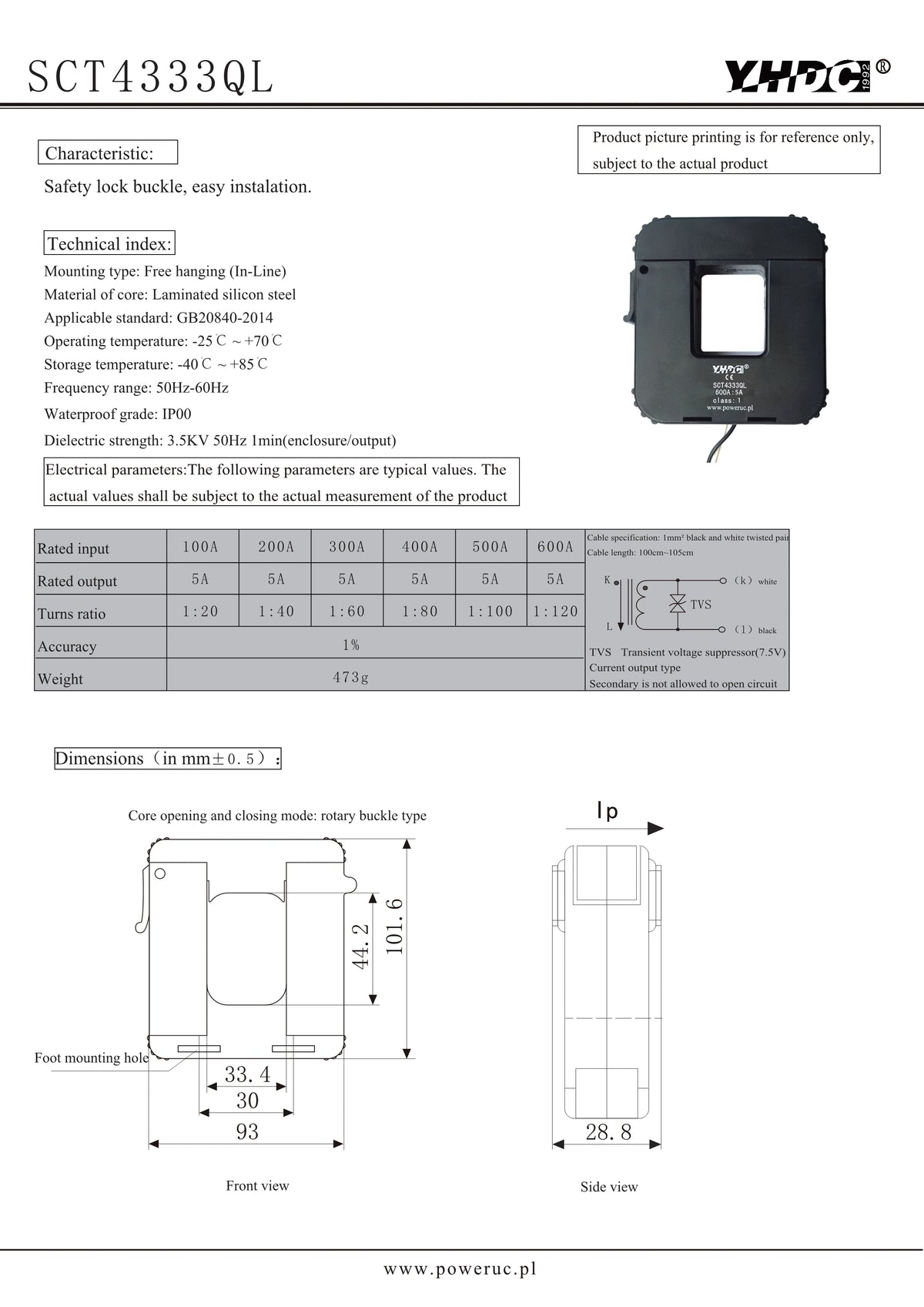 QL Series SCT4333QL Input 100A 200A 300A 400A 500A 600A Output 1A/5A Accuracy 1% Split Core Current Transformer