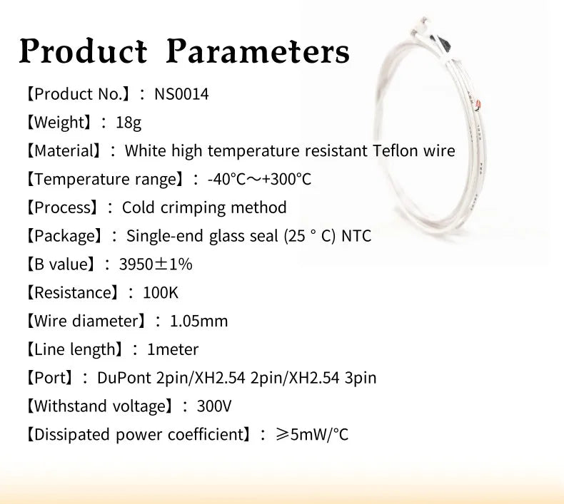 100K Ohm NTC 3950 Thermistor Sensor XH2.54 Dupont 3D Printer Parts For Reprap Mend Part Temperature 3D Printer Accessories