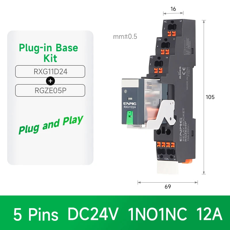 ENMG RXG Slim Power Relay 12A 24VDC/220VAC Coil, DIN Rail Mount Industrial Relay for PLC Control System
